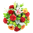 A richly detailed, mixed bouquet is photographed from directly above, its domed shape filling the frame against a pure white background that highlights each bloom as precisely as if it had just been arranged in a Highgate flower shop. Central to the design are deep red roses, some tightly closed, others opening to reveal velvety layers of petals, suggesting affection, romance, and thoughtful appreciation. Interspersed among them, plump red carnations contribute a soft, frilled texture, building volume and enhancing the sense of abundance. Rising through this warm red cluster are graceful Oriental lilies, their petals white with gentle pink shading and scattered freckles, curving back from golden stamens that suggest a light, sweet fragrance drifting through a townhouse near Highgate Hill. Around the central flowers, bold orange and bright yellow gerbera daisies shine like small suns, their daisy-like profiles and dark centres bringing a lively, contemporary note that suits celebrations, congratulations, or simply brightening a grey London day. Tucked between the larger blooms, rounded lime green button chrysanthemums add playful dots of texture and invigorating colour, echoing the fresh greens of Highgate Wood and nearby gardens. The entire bouquet is framed by a rich mix of foliage: broad, glossy dark green leaves create structure and shadow, while softer, silvery-green leaves introduce a cool, elegant contrast. Together, these elements form a harmonious and uplifting arrangement that feels both luxurious and welcoming, ideal for delivery to homes and businesses around Highgate Village, Archway Road, or overlooking Waterlow Park. The straightforward background and clear lighting allow the viewer to fully appreciate the bouquet's balance of colour, form, and craftsmanship.