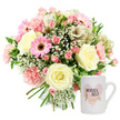 This image captures a warm and sentimental gift set, lit brightly against a simple white background, as though ready to be delivered to a Highgate doorstep. On the left, a lush, dome-shaped bouquet sits with its stems clearly gathered and exposed at the base, revealing that it has been hand-tied by an experienced florist. The flowers are a harmonious blend of cream, blush pink, and vivid rosy hues, layered together with touches of fresh green foliage. Several large cream roses form the focal points, their petals fully open and spiralling outwards in soft, concentric layers that give a sense of gentle luxury. Around them, pale pink carnations with frilled edges and clusters of darker pink spray roses create a textured, cushion-like effect, each tiny bloom contributing to the overall fullness. Bright pink gerbera daisies, easily recognised by their dark central disks, punctuate the arrangement with cheerful bursts of colour, lending a joyful, modern character that feels fitting for homes near Highgate Wood or along Muswell Hill Road. Wisps of white gypsophila thread through the main blooms like delicate clouds, adding an airy lightness, while slender white alstroemeria marked with fine reddish streaks provide a slightly more structured, elegant accent. Small hints of green foliage peek between petals, preventing the pastel tones from feeling flat and enhancing the impression of freshly cut garden flowers. To the right of the bouquet, a pristine white ceramic mug stands upright. Embellished with a soft, watercolour-style pink heart, it bears the words WORLD'S BEST Mum: the phrase WORLD'S BEST is printed in black lettering above Mum, which appears in a shimmering gold or rose-gold script that catches the light. Together, the bouquet and mug create a sincere, visually balanced tribute, perfect for celebrating Mother's Day, a birthday, or simply expressing love to a special mum in N6.