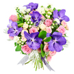 In this image, a beautifully composed bouquet stands out against a pure white background, every element visible as if carefully arranged for a Highgate gallery window. The most striking flowers are the Vanda orchids, their broad, velvety petals washed in deep purples and indigo-blues, intricately speckled and veined so that each one feels like a miniature work of art. Surrounding these statement blooms, soft pink roses create a halo of romance, petals unfolding from neat buds into lush, open rosettes that feel inviting and full of life. Smaller clusters of creamy white spray roses tuck into the spaces between, their petite, rounded blossoms softening the transition between the bold orchids and larger roses and adding a hint of classic elegance. Threaded through the bouquet are smooth, pearl-like white hypericum berries and delicate sprays of small white filler flowers, which bring a sense of lightness and help the eye travel gently across the arrangement, much like a quiet stroll through Waterlow Park. Silvery-grey dusty miller foliage weaves between the flowers, its softly textured leaves providing a cool, misty counterpoint to the brighter colours, while glossy dark green leaves frame the design and give it a rich, grounded feel. The stems are gathered neatly and wrapped in an iridescent ribbon, shimmering between silver and lavender, its semi-sheer tails echoing the orchids' luxurious tones. The overall impression is of thoughtful, contemporary elegance-an arrangement that would feel just right as a romantic surprise, an anniversary bouquet, or a meaningful thank-you delivered around Highgate, Crouch End, or along Archway Road, bringing colour, fragrance, and emotional warmth into everyday spaces.