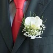 A close-up photograph captures the upper torso of a man dressed in immaculate formalwear, as if ready to step into a wedding ceremony at a Highgate church or a reception near Waterlow Park. The dark suit jacket, in deep charcoal or black, is sharply tailored, its right lapel clearly defined against the softly blurred background. Centred in the frame is a carefully crafted boutonniere: a single white Phalaenopsis orchid with broad, velvety petals that curve outward like a calm, open hand. Its creamy yellow throat, tinged with the faintest blush, draws the eye inward and suggests gentle movement, as though it has just unfurled. Around the orchid, clusters of tiny white baby's breath form a delicate halo, each minuscule bloom like a pinprick of starlight. Behind them, slender, grass-like fronds and fine green foliage add height, fresh contrast, and a touch of wildness to the design. The stems are bound with a narrow white sheer ribbon, tied in a neat, translucent bow that softens the line between the structured florals and the strong lapel of the jacket. Beneath the boutonniere, a lustrous red silk tie slices diagonally through the composition, gleaming with a satin sheen against a subtly patterned pale shirt, creating a confident, romantic colour contrast. The overall effect is one of quiet sophistication and heartfelt anticipation, the kind of finishing touch a local Highgate groom might choose after visiting Flowers Highgate for expert guidance on how to wear a single flower that feels both modern and timeless on such a meaningful day.