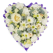 A large heart-shaped floral tribute, created in gentle tones of white, ivory, and soft cream, stands out clearly against a plain white background, its balanced form and subtle detail reflecting the calm, respectful mood of a Highgate memorial. The heart is densely filled so that no gaps are visible, giving it the appearance of a luxuriously padded cushion made from petals. In the centre, a single creamy white rose draws focus, its spiralling petals symbolising a cherished life at the core of many memories. Surrounding it, layers of white roses and plump carnations overlap, their velvety and ruffled textures playing softly against one another. Between them, clusters of white chrysanthemums and daisy-like flowers with pale yellow or green centres add a touch of gentle light, like quiet smiles amid the sadness. Smaller buds in cream and very pale yellow help to bridge the transitions between blooms, ensuring a harmonious flow of colour and shape across the heart. Tucked discreetly throughout are soft blue-green eucalyptus sprigs, their cool-toned leaves adding depth and a natural, slightly aromatic accent. Encircling the entire arrangement is a rich purple ribbon, pleated and ruffled to follow the contours, giving a distinct, dignified border particularly suited to funeral services or graveside tributes at Highgate Cemetery or nearby chapels. The white background and evenly diffused lighting highlight the purity of the flowers and the careful craftsmanship behind the design. This heart speaks quietly but clearly of love, loss, and gratitude, the kind of thoughtful, traditional funeral tribute Highgate families might select to honour a relative, neighbour, or close friend with grace and sincerity.