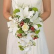 Cradled lovingly by a bride whose gown hints at intricate lace, this sumptuous cascading bouquet is the epitome of bridal elegance, inspired by the tranquil green landscapes that define Highgate. The bouquet's commanding form begins with clusters of large white lilies, the soft sweep of their trumpet-shaped petals setting the tone for purity and celebration. At centre stage, a singular creamy rose nestles among the bolder blooms, evoking the gentle romance found in Highgate's rose gardens each summer. Airy clouds of baby's breath are woven throughout, lending a sense of delicate softness, while vibrant lime green cushion mums burst forth, echoing the lively spirit of community gathering places like Pond Square. Glossy, ruby red Hypericum berries are scattered artfully amidst the arrangement, offering pops of colour and a festive touch that brightens even the cloudiest London day. Cascading downwards, elegant white Phalaenopsis orchids lend both movement and opulence, the trailing blooms likened to ribbons unfurling along Highgate's wooded paths. Wisps of slender grass and lush foliage frame the bouquet, giving it both structure and a gentle wildness. This enchanting composition mirrors the best elements of a Highgate wedding: grace, tradition, and a hint of the unexpected-perfect for a bride seeking a floral statement that is as memorable as her walk down the aisle and as unique as her local neighbourhood.