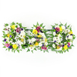 A poignant floral tribute spelling out DAD is displayed against a pure white background, the simplicity of the setting drawing all attention to the flowers themselves. Each of the three block letters is formed on a deep, feathery collar of green fern foliage, the fronds overlapping to create a soft, natural edge that recalls the tranquil greenery around Highgate's parks and historic gardens. Within this fern border, the letters are filled from edge to edge with meticulously arranged, front-facing blooms. White chrysanthemums supply a full, velvety base, their rounded petals layered closely together, while open white gerbera daisies punctuate the design with luminous centres that guide the eye along the curves and lines of the word. Scattered throughout are bright yellow gerbera daisies and clusters of yellow spray roses, lending a warm, golden tone that speaks of cherished times and family warmth. To deepen the palette, the florist has interspersed rich purple lisianthus, magenta and deep pink spray roses, and delicate lavender-tinted filler flowers, each accent chosen to convey love, dignity, and respect. Small bright green button chrysanthemums nestle into the arrangement, adding another dimension of texture and fresh green colour. The letters rest on slender, dark green support bars that keep them aligned yet remain almost invisible, giving the impression of a single, united tribute. Crafted with the quiet skill of a seasoned Highgate florist, this DAD arrangement is intended for funerals, memorial services, or wakes in the local area, offering a graceful floral message that honours a father's life with beauty, warmth, and sincere remembrance.