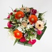 Radiating the fresh, uplifting spirit of a Highgate morning, this bouquet shimmers with harmonious colour and joy. A cascade of brilliant orange Gerbera daisies takes centre stage, their exuberant petals warming the scene like sunlight over Waterlow Park. Close by, creamy peach Gerberas with dark, soft centers introduce gentle contrast, while clusters of fuchsia-pink roses-so vivid and tightly furled-nestle amongst deep burgundy blooms that echo the area's rich history. At the very heart sits a radiant, creamy beige rose, each spiraling petal a soft touch of elegance. Wisps of bright pink carnations and snowy white chrysanthemums dart in and out, their ruffles adding both volume and playful movement. Upright, pale lily buds or trumpet blooms rise through the bouquet, promising grace in days to come. Around the edges, a lush collar of glossy leaves, slender dark foliage, and silvery eucalyptus completes the scene, the greens reminiscent of the many leafy lanes that crisscross Highgate. Each flower is freshly chosen and artfully placed, making this bouquet an inspired selection for birthdays, thank you gifts, or meaningful moments celebrated in the heart of Highgate. The arrangement is a true flourish of local character, crafted to bring joy and natural beauty into any north London home.