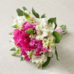 This image shows a hand-tied bouquet resting on a pale beige surface reminiscent of lightly textured linen, as if placed on a beautifully set table in a Highgate townhouse just before guests arrive. At its heart are lush hot pink peonies, fully open and abundant, each bloom built from countless overlapping petals that create a deeply ruffled, cloud-like form. The pink hue is bold and cheerful but still refined, giving the bouquet a sense of confident romance. Nestled between the peonies are delicate clusters of white alstroemerias, their long, slim petals opening into gentle, starry shapes. Inside each flower, the creamy white petals are adorned with fine reddish-brown speckles and slender stripes, adding a subtle pattern that rewards closer attention. Rising subtly above the softer blooms are slender green buds, likely Ornithogalum or a comparable filler, which introduce a vertical line and lightly spiky texture that balances the roundness of the peonies. Interwoven with the flowers is rich green foliage, its leaves creating a natural frame that enhances the overall structure and recalls the verdant surroundings of Highgate's gardens and nearby parks. The stems are gathered at the base into a neat, tapered bundle, their smooth lengths tightly embraced by a soft pink ribbon. The ribbon is wrapped cleanly around the stems, suggesting bridal elegance and thoughtful craftsmanship. This bouquet feels perfect for a wedding, engagement celebration, or special dinner party in Highgate, offering a visual impression of freshness, joy, and quiet sophistication that could be delivered the same day across the N6 area.
