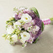A carefully hand-tied bouquet lies horizontally on a pale beige fabric backdrop, its slightly textured surface suggesting natural linen or soft burlap that adds a warm, understated rustic feel. At the heart of the arrangement, opulent white lisianthus blossoms open in layers of silky petals, some fully unfurled with pale yellow-green centres, others still curled as buds, giving the design a sense of life and unfolding romance. Nestled among them are generous sprays of stock flowers in shades of blush pink and gentle mauve, their many ruffled florets crowding together like pastel clouds, lending a dreamy softness that would look perfectly at home in a Highgate Village townhouse or an intimate ceremony near Waterlow Park. Sprinkled throughout, clusters of small, star-shaped purple filler blooms, likely ornamental allium, offer a striking, almost whimsical contrast; their spiky globes and rich lavender-purple hue bring modern texture and a touch of playful elegance. Long, slender blades of deep green foliage weave through the flowers, looping and arching around the right side of the bouquet, guiding the eye and creating a sense of movement, much like the sweeping lines of trees along Highgate Wood paths. The stems are gathered with care and wrapped in a vivid fuchsia satin ribbon that sits snugly in the hand, finished with a delicate string of tiny white pearls for a hint of classic bridal luxury. The overall impression is one of gentle sophistication and emotional warmth-light, fragrant, and quietly confident-ideal for a bride seeking timeless romance, a special anniversary bouquet, or a centrepiece that feels both personal and exquisitely crafted for life's tender moments in and around Highgate.