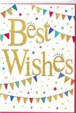 In this image, a beautifully designed Best Wishes card captures the feeling of a cheerful celebration on a sunny day in Highgate. The card itself is pure white, with the central greeting written in elegant gold script that flows across the middle in soft, looping strokes. The metallic finish of the lettering looks slightly embossed and gently glittering, as though a fine shimmer has been brushed onto each curve of the words. This warm gold stands out against the crisp background, immediately drawing the eye to the heartfelt message. Above and below, arcs of bunting stretch in curved lines across the card, reminiscent of colourful strands hung between buildings for a community fair near Highgate High Street. The tiny triangular flags are a mix of bright, saturated colours: blues, reds, greens, yellows, oranges, and pinks. Some flags feature neat stripes, others are dotted or filled with simple patterns, creating a playful yet stylish rhythm. Scattered among the bunting and around the lettering are small stars and confetti-like dots in matching hues, placed in a way that suggests movement, as if they were drifting down after being tossed into the air. The overall composition is joyful but not busy, with plenty of white space allowing each detail to breathe. This card feels perfect for pairing with a fresh bouquet delivered to a home overlooking Highgate Wood or tucked into a gift to celebrate a promotion, new home, or engagement. The design's blend of polished gold script and colourful bunting conveys genuine cheer, encouragement, and a shared sense of happiness for the recipient's special moment.