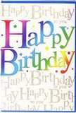 The birthday card depicted here glows with festive charm, reminiscent of the uplifting colours you'd find wandering past the independent shops and cafés in Highgate Village. Dominating the front, the words Happy Birthday are set in broad, softly rounded letters that stretch from edge to edge. Each letter is painted in its own seamless gradient, moving from juicy cherry red through blush pink, cool sky blue, deep teal, and fresh green before brightening into a sunny yellow, like a carefully graded rainbow or a row of blooms laid out along Highgate High Street. These hues blend into each other with a gentle softness, suggesting the touch of an artist's brush rather than flat print, and the lettering appears slightly raised so that you can almost sense its texture. Behind this vivid greeting, a delicate veil of gold script fills the card, repeating Happy Birthday to you in graceful, looping cursive. The gold ink catches the light in a quiet, sophisticated way, bringing to mind the warm glow of evening across the rooftops by Parliament Hill. Around the main words, tiny coloured specks and star-shaped flecks are scattered like leftover confetti from a party that has just reached its happiest moment. The card's finish seems smooth and lightly glossy, enhancing both the brilliant colours and the refined metallic sheen. It's a design that combines youthful joy with a touch of elegance, exactly the sort of card Flowers Highgate might nestle into a bouquet bound for a birthday gathering near Pond Square, turning a simple message into a keepsake that feels personal, thoughtful, and full of celebration.