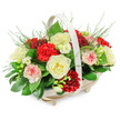 A softly rounded funeral flower basket is captured here in crisp detail, its gentle colour palette and natural textures creating a quiet sense of solace. The base is a simple yet elegant basket of light natural wood, shaped into a shallow oval with narrow slats and lifted on small discreet feet. An arched handle, finished in a soft off-white or cream tone, spans the length of the basket, echoing the curve of the flowers below and giving the design a balanced silhouette. Within this frame, the arrangement rises in a full, domed shape, densely packed so that every angle reveals petals and greenery. At the visual centre are creamy white roses, fully open, their layered petals forming soft spirals that convey purity and peace. Tucked around them are deep red carnations, their ruffled, many-petalled heads adding a plush texture and a solemn, heartfelt depth of colour appropriate for sympathy flowers delivered across Highgate and the surrounding area. Interwoven with these stronger elements are gentler tones: pale pink carnations and bi-coloured blooms where white petals are delicately edged or speckled with pink and red, bringing a tender, personal touch to the tribute. Slender stems of small white flowers, reminiscent of freesias, weave through the arrangement, their bell-shaped blooms and buds lending a sense of lightness and fragile beauty. A bed of rich green foliage supports and frames the flowers, with broad, glossy leaves creating structure, and fine, feathery sprigs of fern or asparagus greenery softening the outline and adding movement. Set against a plain white backdrop, the colours appear clear and calm, making this basket a fitting piece for a funeral service, memorial, or condolence gesture. It feels like a quiet, floral embrace-an elegant way to honour a cherished life in the Highgate community.