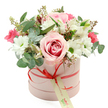 A graceful pastel hatbox bouquet sits centre frame against a bright white background, the image capturing the quiet sophistication often associated with Highgate homes. The round, cylindrical box has a smooth, matte finish in light blush pink, giving it a modern yet timeless feel. Around its base, a slender coral-red satin ribbon is tied into a small, tidy bow at the front, from which hangs a cream rectangular gift tag printed with elegant green script, suggesting a handwritten dedication or a local florist's signature touch. Overflowing from the open top, the flowers form a rounded, domed arrangement that looks both full and airy. A large, fully opened bi-colour rose is placed prominently near the foreground; its outer petals are a gentle pale pink that deepen into a richer pink swirl at the centre, drawing the gaze inward. Nearby, white daisy-like chrysanthemum blooms with fresh green centres bring brightness and a sense of innocence. Slender white alstroemeria blossoms, with their softly flared petals and fine inner speckling, weave between the larger flowers, bridging the transition between colours. Deeper notes are introduced through clusters of vibrant fuchsia and rich pink flowers, likely spray roses or lisianthus, adding romantic intensity and echoing the colourful plantings found in local gardens near Highgate Wood. The bouquet is generously laced with greenery: rounded silver-green eucalyptus leaves, darker glossy foliage, and delicate stems topped with tiny green buds and seed-like sprigs lend structure and movement. The soft, even lighting highlights the velvety petals and the satin sheen of the ribbon, giving the whole piece a fresh, just-arranged look. This elegant composition feels perfect for anniversaries, birthdays, Mother's Day, or heartfelt thank-yous, ready for same-day delivery across Highgate and neighbouring N6 streets.