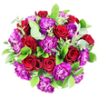 In this photograph, a beautifully rounded bouquet is viewed from above, sharply outlined against a brilliant white background that makes every colour appear more intense. The arrangement is dominated by deep red roses, placed evenly throughout so that their velvety blooms form a repeating pattern. Each rose opens in a tight, elegant spiral, revealing layer upon layer of richly coloured petals in a classic crimson tone that instantly evokes romance and heartfelt emotion. Threaded among them are generously sized purple carnations, their distinctive ruffled petals creating a lively, textured contrast. The carnations display an opulent mix of purple shades, from royal to almost fuchsia, giving the bouquet a sense of drama and celebratory flair. Supporting this interplay of red and purple is a carefully chosen selection of greenery. Wide, glossy dark-green leaves provide a sturdy, polished framework that makes the bright blooms stand out, while sprigs of eucalyptus with round, silvery-green leaves introduce a softer, more ethereal note, adding dimension and visual movement. The bouquet appears densely packed, with no visible gaps, suggesting a hand-tied arrangement crafted by a skilled Highgate florist who understands both structure and romance. Bright, even lighting smooths across the flowers and foliage, highlighting the sheen on the rose petals and the gentle matte finish of the eucalyptus, creating a feeling of freshness as if the bouquet has just been arranged and set down on a Highgate kitchen table. The overall mood is one of passionate yet tasteful celebration, perfectly suited to anniversaries, significant birthdays, or a thoughtful surprise delivered to homes around Highgate Hill and the surrounding north London streets.