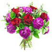 A dramatic hand-tied bouquet fills the frame against a stark white backdrop, allowing its rich colours and textures to take centre stage. Deep red roses form the heart of the arrangement, their petals coiled tightly in classic spirals that invite a closer look. The roses' colour is a velvety, saturated crimson, darker at the base of each petal and softly glowing toward the tips, evoking passion, adoration, and warmth. Interspersed between the roses are lush clusters of purple carnations, whose layered, frilled petals create a soft, almost feathery effect. These carnations shift across a striking range of tones-from bright, berry-like magenta to regal royal purple-adding complexity and a lively interplay of light and shadow. A generous collar of foliage supports the blooms: dark green leaves with a subtle gloss lend structure and frame the central colours, while fine eucalyptus stems in a cool, silvery green extend gracefully outward, breaking the outline just enough to keep the bouquet feeling natural and contemporary. The stems are arranged in a neat spiral and cinched with a delicate red ribbon, their cut ends aligned and visible below the foliage, signalling the care and precision of a professional florist working for clients across Highgate and its neighbouring areas. The lighting highlights every curve and edge, casting gentle shadows that enhance the bouquet's fullness and depth, much like sunlight spilling into a Highgate sitting room through tall sash windows. This bouquet carries the mood of an intimate celebration-perfect for a romantic surprise, a meaningful thank you, or a special delivery to a home overlooking Highgate Wood or the rolling greenery of Hampstead Heath.