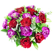 Captured from above on a clean white background, this bouquet appears as a lush, circular medallion of red, purple, and green, crafted with the attentive eye of a Highgate florist. At the heart of the design, a cluster of seven or eight red roses commands attention. Their petals are thick and velvety, unfolding in elegant spirals. Some blooms are just beginning to open, while others are fully unfurled, revealing layers that range from vivid scarlet at the outer edges to deeper, wine-red tones in their shadowed centres. Nestled closely among the roses are ample purple carnations, each one a ruffled burst of colour. Their serrated petals overlap in dense layers, with tones shifting from bright, energetic magenta to saturated plum and royal purple, creating a lively yet sophisticated contrast. This rich tapestry of blooms is framed by carefully chosen foliage. Silvery-green eucalyptus leaves arc around the flowers, their rounded shapes lending a cool, contemporary softness, reminiscent of morning light over Highgate Cemetery's old stones. Darker green leaves-similar to Ruscus or Salal-form a glossy backdrop that supports and shapes the bouquet, while fine stems of lighter, fresh green foliage thread through, adding movement and a garden-fresh feeling. The bouquet is tightly composed, with no gaps, forming a complete, opulent dome of petals and leaves. It radiates romance, joy, and a touch of drama-perfect for an anniversary dinner near Highgate High Street, a special birthday, or a meaningful thinking of you gesture, delivered across the N6 area by Flowers Highgate with an understanding of local tastes and style.