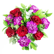 Captured in a moment of calm, this bouquet of deep red roses and vivid purple carnations rests bathed in soft light, its colours rich yet inviting, like a floral echo of Highgate's vibrant but peaceful character. The roses command attention with their velvety petals tightly layered into lush, cup-shaped blooms, each one suggesting depth and warmth. Woven among them, the carnations contribute a more playful spirit; their petals are finely ruffled and slightly tousled, creating a textured surface that seems to ripple with energy. Together, the flowers form a dense, harmonious cluster of scarlet and purple, a combination that feels both romantic and celebratory. Around the blooms, a thoughtfully arranged selection of greenery and eucalyptus lends structure and contrast. The foliage is varied: some leaves are broad and polished, a deep, steady green, while the eucalyptus offers slender, gently bending stems dusted with silvery blue-green tones that catch the light with quiet elegance. This cool fringe helps to frame the vivid heart of the arrangement and hints at a fresh, clean scent mingling with the more familiar fragrance of roses. The bouquet's rounded outline suggests fullness and generosity without appearing stiff, as though it might have just been finished on a workbench in a Highgate florist's studio and set aside for delivery to a home near Dartmouth Park Hill or a gathering by Waterlow Park. The overall mood is one of thoughtful indulgence-ideal for anniversaries, romantic surprises, or simply bringing a touch of luxury and heartfelt emotion into someone's day.