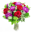 A lush, romantic bouquet of deep red roses and sumptuous purple peonies stands in a clear glass vase, evoking the elegant yet village-like atmosphere of Highgate. The roses are fully open and velvety, petals layered in rich spirals of crimson that almost seem to glow from within, each bloom distinct yet harmonising perfectly with its neighbours. Intertwined with them, the purple peonies form generous, round blossoms, their many ruffled petals creating soft, pillowy textures that catch and diffuse the light, lending the bouquet a sense of depth and gentle movement. Surrounding this vibrant heart of colour is an abundance of greenery: wide, glossy leaves arc outward, cradling the flowers and giving the composition a lush fullness, while delicate stems of eucalyptus thread through, their muted, silvery-green leaves bringing a hint of airiness and sophistication. The vase beneath is simple and transparent, revealing the neatly arranged stems submerged in clear water, a quiet testament to careful preparation and freshness, as if the bouquet were just arranged for same-day delivery from a local Highgate florist. Pale daylight seems to wash over the scene, the kind of soft light you might find spilling through a window near Highgate Cemetery or Waterlow Park, enhancing every curve of petal and leaf. This arrangement feels ideal for romantic occasions-a candlelit anniversary, a proposal dinner, or a meaningful birthday-yet it would be just as fitting as an elegant gesture of admiration sent to a home along Highgate Hill. The imagined fragrance is gentle but distinct, where the warmth of rose meets the cool, herbal clarity of eucalyptus, creating an atmosphere of tenderness, beauty, and thoughtful intent.