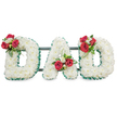 A carefully assembled funeral tribute that spells the word 'DAD' in three bold, three-dimensional capital letters, each face densely covered with hundreds of small, pristine white chrysanthemum blooms. The chrysanthemums form a soft, cloud-like surface whose feathered petals catch diffuse, even light and suggest quiet purity. Each letter's perimeter is crisply defined by a deep emerald green, pleated ribbon that frames the white blooms and lends a refined architectural edge. Artful clusters of deep red roses and smaller white freesia punctuate the composition: one cluster nestles on the upper curve of the left 'D', a matching spray sits within the left diagonal of the central 'A', and a mirrored grouping crowns the upper curve of the right 'D'. Bright, looping strands of green foliage - a gentle echo of bear grass - thread through the central cluster, adding a modern lift and vertical movement. Behind the letters, slim dark green metal supports are discreetly visible, their shadow suggesting the structure's stability without detracting from the flowers. The whole tribute is presented against a bright white backdrop that keeps the focus on texture, tone, and colour contrast; the faint perfume of roses and the fresh green note of cut foliage seem almost perceptible in the image. Crafted with restrained elegance, the piece reads as a solemn and personal expression of loss and love, designed for a memorial or graveside service. A local Highgate florist would place this arrangement near the chapel door or against a simple easel in Highgate Village, where its combination of white chrysanthemums for devoted truth and red roses for deep affection will speak softly for a beloved father.