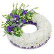 A dignified circular funeral wreath photographed against a pure white studio backdrop, its calm simplicity meant to comfort and honour. The base is a thick, seamless ring of pristine white cushion chrysanthemums, each small, multi-petaled bloom tightly nestled to form a plush, cloud-like band that reads as silence and serenity. Set into the upper left quadrant is a concentrated spray of purple Eustoma (Lisianthus): a graceful mix of deep violet, mid-purple and pale lavender flowers, from fully unfurled ruffled blooms with pale yellow centres to slender, unopened buds that lift on delicate stems. These purple blossoms carry a soft, velvety texture that contrasts gently with the crisp, papery feel of the chrysanthemums. Interwoven through the lisianthus cluster are fresh green leaves - some broad and glossy with subtle variegation, others fine and feathery like fern fronds or eucalyptus sprigs - adding depth, movement, and a natural counterpoint to the formal white base. Along both the inner and outer edges of the wreath, a narrow band of crinkled, dark purple mesh or lace peeks out, echoing the lisianthus hues and giving a refined framing to the composition. Soft, even studio light casts a faint, diffused shadow beneath the wreath, lifting it from the background and revealing its dimensionality. This arrangement reads as a calm, respectful tribute suitable for a funeral or memorial service - a visual embrace that conveys purity, remembrance and quiet reverence, appropriate for services in Highgate, at nearby churches or the historic cemetery where many families come to remember loved ones.