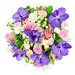 Seen from above on a pure white background, this hand-crafted bouquet forms a complete, rounded circle of colour, its flowers closely nestled together for a rich, abundant look. Striking Vanda orchids in deep purple immediately catch the eye, their broad petals glossed with darker violet veining that creates an intricate, speckled effect, almost like fine textile work. These exotic blooms sit among softer, more traditional roses, which appear in shades of blush pink, pastel rose, and warm cream. Some roses are just beginning to open, with tight, curled centres, while others spread wide into many-petalled, cup-like forms, suggesting both new beginnings and full-blown romance. Scattered between them are small, white cluster flowers with delicate, daisy-like heads, adding lightness and subtle movement that softens the overall design. Rounded clusters of creamy white Hypericum berries dot the bouquet, their smooth, bead-like appearance bringing a touch of playful texture and a bright, pearl-like sheen. The flowers are held within a generous collar of deep green foliage, its glossy leaves providing structure and contrast, while wisps of silvery-green foliage-likely Dusty Miller-thread between the stems, lending a cool, misty softness reminiscent of an early morning walk through Highgate Wood. The arrangement feels meticulously planned yet natural, as though it could be the centrepiece of a quiet celebration in a home off Swains Lane or a thoughtful gesture delivered to a friend near Waterlow Park. Every element works together to create an impression of calm luxury and heartfelt sentiment, ideal for special occasions that call for something both beautiful and memorable.
