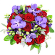 Against a pristine white background, this bouquet, seen from above, resembles a luxurious, round tapestry of colour and texture, the sort of arrangement one might send to a loved one near Highgate Village for an unforgettable anniversary surprise. The central structure is formed by velvety deep red roses gathered in tight clusters, each bloom composed of carefully layered petals coiling into classic spirals that communicate intense affection and lasting love. Woven between these roses are captivating Vanda orchids, their broad, smooth petals saturated in lavender-purple and intricately speckled with deeper violet, lending a refined, exotic presence to the composition. Filling the spaces around and within this core, plush violet-purple lisianthus blooms unfurl. Some flowers are fully open, showing frilled, delicate edges, while others stay as slender, bell-shaped buds, adding both height and a sense of gentle progression throughout the design. Scattered touches of lighter lavender buds and small mauve florets bring softness and nuance, giving the bouquet a multidimensional, almost painterly quality. Encircling the blooms is an array of foliage: glossy dark green rose leaves layer underneath and around, while slender eucalyptus stems in a muted, silvery-green tone arc outward, their rounded leaves introducing cool contrast and airy lightness. Finer filler greenery with tiny leaves is interlaced throughout, creating intricate details and enhancing the bouquet's natural fullness. Near the base, a glimpse of silvery-grey mesh or netting hints at a sophisticated hand-tied wrap, ready to be carried up the slopes of Highgate Hill or delivered to a doorstep overlooking London's skyline. This bouquet feels opulent yet balanced, ideal for romantic gestures, significant milestones, or any special flower delivery in and around Highgate where emotion needs to be conveyed with style and grace.