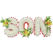 A solemn, three-dimensional floral tribute spells the word SON in bold block letters, each letter sculpted from hundreds of small, pristine white chrysanthemums that create a soft, cloud-like surface and a sense of quiet purity. Set against a plain white background and lit with gentle, diffused light, the letters read with calm dignity; the chrysanthemums' tiny petals and rounded forms give the blocks a pillowy, tactile quality that invites touch rather than spectacle. Around each letter a continuous band of vibrant red ribbon is artfully folded into a scalloped edging, looping along the perimeter and tracing the hollow of the O to provide a precise, striking contrast to the white blooms and to introduce a note of love and remembrance. The composition is enlivened by three lime-green Cymbidium orchids, placed as thoughtful anchors: one tucked into the upper left curve of the S, a second cradled at the base of the O, and a third set near the upper right stroke of the N. Each orchid shows a delicate pale orange to reddish-brown marking in its throat; their waxy petals and subtle perfume add a cool, elegant texture against the soft chrysanthemum mass. Lush green foliage and fine fern fronds surround and emerge from the letters, their long, pointed leaves lending vertical lines and a natural movement that balances the blocky letterforms. This arrangement reads as a personal, handcrafted funeral tribute or graveside memorial meant to honour a beloved son, its restrained palette and careful craftsmanship suited to the contemplative spaces of Highgate - near the village, Waterlow Park, or the quiet paths beside Highgate Cemetery - where neighbours might gather to remember with dignity and love.