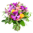 Presented against a smooth, white background, this sumptuous bouquet appears almost three-dimensional, as though you could reach out from a Highgate townhouse doorway and take it straight from your florist's hands. The design centres on several striking purple Vanda orchids, whose wide, velvety petals and intricate speckled patterns immediately draw the eye. Each orchid seems to float above the surrounding flowers, giving the bouquet a touch of tropical drama. Encircling them are clusters of bright orange roses, fully opened so that their petals curve back in perfect, flame-like spirals, radiating warmth and lively energy. Among these are pastel pink roses and garden-style blooms, some still in tight buds and others opening into soft, romantic cups that feel tender and reassuring, like a quiet stroll through leafy Highgate streets. Rising above the rounded mound of petals, a few slender calla lilies in shades of plum and muted lavender add architectural elegance. Their smooth, trumpet-shaped blooms tilt gently upwards, lending a sense of movement and height. The arrangement is generously backed by fresh greenery: silvery eucalyptus stems fan out with a delicate, powdery sheen, while darker, glossy green leaves tuck in close around the flowers, framing their colours and adding depth. Tiny lavender and purple filler flowers, along with fine green sprigs, are threaded among the larger heads, offering texture and small, surprising details. At the base, the stems gather in a neat bundle, clearly hand-tied, suggesting a bespoke creation from a skilled local florist. The bouquet feels opulent yet welcoming, perfectly suited to celebrating birthdays, sending congratulations, or gracing a Highgate dining table with vibrant colour and subtle fragrance.