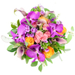 In this overhead photograph, a dense, rounded bouquet fills the frame against a pure white background, giving a clear view of each bloom as if it were laid out on a sunlit table in a Highgate apartment. The most eye-catching flowers are the Vanda orchids, their petals luminous in shades of vivid fuchsia and deep magenta purple. Each orchid bears a distinctive tessellated pattern-tiny, interlocking markings that create an impression of intricate lacework or mosaic. Clustered around these are generous roses, some in gentle, powdery pink that conveys softness and romance, others in bright orange and golden yellow that bring warmth and a lively, celebratory spirit. The roses' layered petals spiral inward, providing rich texture and a feeling of fullness. Among them, deep plum calla lilies, shaped like elegant trumpets, arc upwards with a smooth, sculptural grace, giving the composition height and a refined edge. Threaded delicately through the arrangement are tiny blossoms of lavender and pale lilac, reminiscent of phlox, which create gauzy pockets of colour and a sense of lightness. The bouquet is embraced by lush foliage: broad, rich green leaves form a strong base, while round, silvery-green eucalyptus leaves and slender sprigs interlace the blooms, adding cool, calming tones and gentle movement. The overall effect is one of sophisticated joy, like a burst of floral colour brought in from a walk near Waterlow Park. It's the kind of bouquet that would look perfectly at home on a Highgate dining table, celebrating a birthday, engagement, or simply the pleasure of fresh flowers delivered locally.