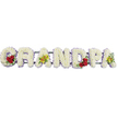 This photograph captures a serene funeral tribute that spells the word GRANDPA in sturdy, upright capital letters, arranged in a single horizontal row as though displayed at a Highgate crematorium or cemetery. Each letter is completely encrusted with small white chrysanthemums, their many petals overlapping to form a dense, velvety surface that suggests softness, purity, and a gentle farewell. Around the periphery of every letter is a narrow band of soft lilac-lavender ribbon, adding just a whisper of colour and giving each letter a clean, defined outline against the otherwise white setting. The florist has introduced touches of richer colour with carefully placed accent flowers. Inside the sweeping curve of the G, a compact cluster of deep red roses sits among dark green foliage, the roses' velvety texture and intense hue signifying heartfelt love and remembrance. The third letter, A, features a graceful spray of yellow-green orchids, their petals arched and subtly marked with warmer tones, bringing a sense of individuality and quiet elegance to the piece. The rounded centre of the D contains another group of red roses, creating visual continuity with the G, while the final A on the right is again adorned with the same orchids, balancing the design from end to end. Hidden beneath the flowers, slender support bars keep the letters aligned and stable for viewing during a funeral or memorial service near Highgate Woods or the surrounding streets. The overall impression is one of calm, dignity, and tender respect for a much-loved grandfather.