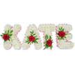 A carefully crafted memorial piece spells the name KATE in bold, three-dimensional block letters formed entirely from countless small, pristine white chrysanthemums. Viewed against a clean white backdrop, the dense, cloud-like texture of the chrysanthemums reads as soft and pure, their petals packed closely to produce a seamless surface that invites touch even as it communicates dignity. Each letter is finished along its contour with a narrow, pale pink satin ribbon that catches the light with a faint sheen, a subtle rim of warmth that separates the white mass from the surrounding negative space. At the heart of every letter sits a single, deeply red rose-rich, velvety and immediately arresting-anchored with generous swathes of fresh green foliage that include broad glossy leaves and finer, fern-like fronds for contrast and movement. The styling is deliberate: the rose on the K is set low on the left vertical, the A's bloom crowns the peak of its triangle, the T's rose nestles at the left base of the horizontal bar, and the E's crimson focal point rests on the middle arm, each placement balancing the composition visually and emotionally. There is a quiet scent of roses over the clean chrysanthemum aroma, and the overall impression is one of respectful remembrance-classic white for purity, red for enduring love, green for renewal. As a florist experienced with Highgate commemorations-from services near Waterlow Park to small chapel gatherings off Archway Road-I picture this tribute laid beside a service card or by a loved one's photograph, offering a calm, personalised statement of farewell.