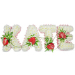 A personalised funeral tribute spelling KATE in large, three-dimensional capital letters, each letter formed from a dense, cushiony carpet of small white spray chrysanthemums that create a soft, cloud-like surface. The chrysanthemums are closely packed so the letters read clearly from a distance, their petals lending a quiet matte texture and a suggestion of tender fragrance-subtle green and tea-like rather than sweet. Around the outer edges of each letter a ruffled, pale pink ribbon is pleated neatly, softening the hard outline and adding a gentle, warm counterpoint to the pristine white. Against this calm palette, glossy red anthuriums are tucked into thoughtful clusters across the name; their heart-shaped spathes and pale yellow spadices catch the light and become instant focal points, a visual heartbeat of warmth and affection. Deep green foliage-broad glossy leaves, delicate fern fronds, and fine sprigs of ruscus-nestles between and behind the blooms, giving depth, contrast, and a living frame to each letter. Slim trailing vines weave subtly between the K, A, T and E, linking the individual forms and suggesting continuity and connection. The whole composition sits on a bright white background with a delicate drop shadow beneath, giving a gentle three-dimensional lift and clarity suitable for a chapel setting or a service at Highgate Cemetery. The overall mood is one of respectful intimacy: a carefully balanced sympathy tribute that reads as both handcrafted precision and heartfelt remembrance, made to be placed beside a casket or at a memorial table and felt as much as seen by those gathered.