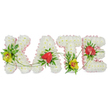 In this photograph, the name KATE appears as a full floral tribute, each capital letter rendered in flowers and laid out in a straight line against a bright white background. The letters are generously filled with compact white chrysanthemums, their rounded petals overlapping to create a thick, cushioned texture that suggests gentleness and quiet comfort. Around the exterior edge of each letter runs a border of light pink satin ribbon, softly ruffled and secured neatly, giving the tribute a tender, almost embrace-like outline. This blend of white and pastel pink sets a calm, sympathetic tone, much like the still air beneath the trees in Highgate Cemetery. To add colour and symbolism, the florist has placed carefully chosen accent blooms. On the K and near the base of the T, yellow-green cymbidium orchids with striking reddish-brown centres emerge from pockets of lush dark green leaves and fine fern fronds, bringing depth and a sense of garden freshness. On the A and the E, a single bold red anthurium sits amongst the chrysanthemums, heart-shaped and glossy, evoking love, devotion, and lasting memory. Slender green tendrils and trailing foliage arc lightly across the letters, tying them together visually so that the tribute feels harmonious and connected. The soft, even lighting ensures that the satin shine of the ribbon, the waxy surface of the anthuriums, and the velvety chrysanthemum petals all stand out clearly. This floral name arrangement would make a poignant centrepiece at a Highgate funeral or memorial service, offering a beautifully personal farewell to someone named Kate.