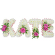 A tender, three-dimensional floral tribute spells the name KATE in bold block letters, each letter built from hundreds of small, pristine white chrysanthemums that form a dense, cloud-like surface. The chrysanthemums are packed closely together so that the letters read as soft sculpted blocks against a clean white backdrop; the overall effect is luminous, as if captured in gentle morning light. A pale pink satin ribbon traces the inner contours of each letter, its satin sheen giving a subtle, feminine edge and emphasising the neat, architectural shape of the K, A, T and E. Hot pink roses - vivid, velvety and fully open - sit in carefully chosen clusters across the letters: two roses on the left arm of the K, a single prominent bloom in the lower curve of the A, one rose anchoring the base of the T, and a pair of roses gathered on the right side of the E. Around those pink focal points, soft green foliage - a mix of ruscus, fern-like fronds and small variegated leaves - peeks through, while tiny pale-pink buds and delicate spray blooms add a whisper of texture and a garden-fresh note. The arrangement casts soft shadows beneath, indicating it is freestanding and sculptural rather than flat. There is a calm, respectful mood to the piece: the cool white chrysanthemums suggest purity, the pink ribbon and roses offer warmth and affection. Perfectly suited for a memorial service or celebration of life, this bespoke name tribute reads as both an artistic floral composition and a heartfelt expression of remembrance and love.