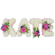 A freestanding, dignified floral tribute spells the name KATE in four tall, three-dimensional letters set against a clean white backdrop. Each letter is built from a dense carpet of pristine white chrysanthemums-soft, feathery heads packed tightly to create a plush, sculpted surface that reads as purity and calm. A pale pink satin ribbon traces the outer and inner edges of each character, giving a barely-there blush and a satin sheen that catches the light like a soft halo. Clustered across the letters are striking accents: velvety fuchsia-pink roses anchor the compositions, paired with smaller pastel pink spray roses and deep purple-blue accents-likely statice or tiny lisianthus-that push against the white with vivid contrast. The K carries a bold cluster on its diagonal arm; the A holds flowers near its lower right curve; the T bears blooms toward its base; and the E is graced with two groupings on the middle and lower bars. Sprigs of glossy eucalyptus and delicate fern fronds weave through each cluster, their cool greens and fine textures providing depth and a natural frame for the blossoms. The overall impression is quietly celebratory yet reverent: the cool white supports and soothes, while the pinks and purples send warmth and remembrance. Imagine this arrangement placed near a service at Highgate Cemetery or a celebration of life in a local chapel-its scent faintly floral, its shape personal and unmistakable, a handcrafted expression of sympathy and love from a skilled florist who understands both craft and comfort.