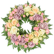 A full, round funeral wreath of roses and ferns is presented against a white background, its surface so densely filled with flowers that it resembles a soft, floral tapestry. The wreath's palette is composed of calm, muted tones: creamy white and ivory roses open generously, forming the core of the design, their velvety petals overlapping in gentle waves. Nestled among them are smaller clusters of blush pink spray roses, some as tight buds with green hints, others just unfurling, bringing delicacy and intricacy to the arrangement. Soft peach and buttery yellow roses are thoughtfully placed to add warmth, their hues reminiscent of late afternoon light on the terraces around Highgate Village. Interspersed throughout are dusty lavender and muted mauve roses, whose subtle, antique tones lend a quiet, reflective mood well suited to remembrance. Underpinning the whole wreath, dark green fern fronds create a rich, textural base, their finely divided leaves peeking between blossoms and edging the circle with a natural, woodland charm, similar to the foliage found in nearby Hampstead Heath. The wreath forms a perfect, unbroken circle, a symbol of eternity and enduring bonds, making it an especially meaningful tribute at a memorial service or graveside. Soft, uniform lighting allows each petal and leaflet to be clearly seen, from the cool white highlights to the shadows nestled in the rose centres. You can almost sense the cool freshness of the flowers and the gentle fragrance of roses, as if standing near the wreath at a quiet Highgate chapel, reflecting on cherished memories with dignity, tenderness, and deep affection.