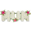 This funeral flower tribute spells the word MOM in three large, capital block letters, set against a clear white background that emphasises the simplicity and elegance of the design. Each letter is fully packed with small, white chrysanthemum-style blooms, forming a continuous, foam-like cushion of petals. The texture is dense yet soft, with each flower head nestled closely against the next so that the letters appear solid and substantial, as if sculpted entirely from blossoms. Subtle hints of a dark green frame or ribbon can be seen along the base, tracing the outline of the word and suggesting the sturdy mechanics that support the flowers. To bring warmth and individuality to the tribute, three accent clusters of pink roses and green foliage are placed with care. One sits on the upper left of the first 'M', featuring a fully opened fuchsia rose framed by smaller blush-pink spray roses and delicate greenery, likely fern fronds. The second cluster rests near the lower join between the 'O' and the final 'M', adding colour to the centre of the arrangement, while the third sits at the upper right of the last 'M', mirroring the first and gently drawing the eye along the word. The harmony of white, pink, and green creates a calm and loving tone, ideal for expressing remembrance at a mother's funeral or memorial gathering. It is easy to imagine this piece prepared by Flowers Highgate and delivered to a nearby church or funeral home around Highgate Village, where its quiet beauty would offer comfort to those in mourning.