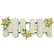 A long, low MOM floral tribute is shown in crisp detail, photographed against a plain white background so that every flower and contour can be clearly imagined. Each of the three capital letters is shaped from a dense mass of white spray chrysanthemums, the small, daisy-like heads packed tightly together to form a lush, even surface. The petals overlap to create a soft, almost cloud-like appearance that speaks of peace, purity and remembrance. A slim edging of deep green runs around each letter, revealing the underlying frame and giving the word a clear outline, the type of precise finish a family in Highgate might expect for an important farewell. Resting on this snowy base are three well-balanced accents of peach and apricot spray roses, placed so that colour is gently echoed along the length of the tribute. One cluster lies at the top left of the first M, another nestles against the lower centre of the O, and the third sits on the upper right of the final M. Each cluster features a mix of open roses and tight buds, interwoven with light, feathery fern and neat green leaves that cascade softly over the chrysanthemums. The muted peach tones bring a feeling of warmth and gratitude, as though thanking a mother for years of care and kindness, while the white chrysanthemums keep the design serene and dignified. It is a fitting arrangement for a funeral service or cremation in Highgate, intended to sit proudly beside the coffin or at the front of the venue, offering a quietly beautiful tribute to a much-loved mum.
