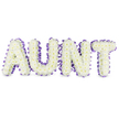 A dignified floral-letter tribute spells AUNT in large, sculpted capital letters, each form built from hundreds of tightly clustered white spray chrysanthemums. The blooms read like soft, cloudlike cushions: small, overlapping petals with tiny pale-yellow centres that catch a fraction of light and lend a whisper of warmth to the otherwise pristine white surface. A rich purple satin ribbon, cut and gently pleated, traces the outer edge of every letter - ruffled in places to show the hand of the maker - and creates a sharp, elegant contrast against the cool blooms. Subtle grey shadows fall beneath each letter on the clean white background, underscoring the arrangement's three-dimensional presence and the solid frames that support the flowers. There is a quiet, fresh scent: the green, dewy lift of recently cut chrysanthemums rather than heavy perfume, a delicate aroma that suggests respectful calm rather than pageantry. The overall effect is one of tender formality - a composition that reads as both a personalized message and a softened embrace, designed to speak for family members when words may fall short. As a local floral work often chosen for commemorations near Highgate Cemetery or placed in a chapel close to Waterlow Park, this tribute balances tradition and closeness; its white-and-purple palette conveys dignity, remembrance, and a gentle celebration of a life. The arrangement's care is visible in the even packing of each floret and the neat, ribboned edge, a handcrafted memorial that offers a clear, consoling focal point at a service or in a quiet room of remembrance.