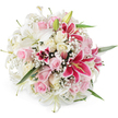 A lush, circular bouquet brimming with lilies, roses, and baby's breath is displayed against a clean white background, the isolation making every detail stand out as vividly as if you were holding it in a Highgate living room. Several striking white lilies anchor the design, their trumpet-shaped petals arching outward in smooth, satin-like curves, while a few elongated green buds remain closed, hinting at blooms yet to open. Surrounding them is a generous gathering of roses in shades of soft blush pink and creamy ivory, some in tight, promising buds, others fully unfurled so that their velvety petals form layered spirals, suggesting tenderness and affection. Adding a dynamic contrast, deep fuchsia Oriental lilies, evocative of Stargazer lilies, break through the softer tones; their magenta petals are sprinkled with darker speckles toward the centre and edged with lighter pink, with prominent stamens adding a flash of warm yellow. Fine sprays of white baby's breath weave among the larger blossoms like a delicate mist, filling in small gaps and giving the overall bouquet an airy, romantic finish. Slender green leaves peek through around the edges and between the blooms, giving structure and a subtle, natural coolness that balances the rich colour palette. The lighting is bright and even, casting minimal shadows so that the flowers appear freshly cut and almost touchable. This bouquet carries a mood of joyful romance and quiet luxury, perfect for same-day delivery across Highgate and nearby Muswell Hill, whether to celebrate an anniversary, mark a special birthday, or simply bring a sense of refined beauty into a home overlooking Highgate Wood.