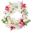 Photographed against a spotless white background, this open circular funeral wreath appears calm and composed, its ring of flowers a tender blend of white, blush pink, and deep fuchsia that speaks of remembrance and quiet love. The wreath is anchored by impressive white Oriental lilies, their broad, softly curved petals catching the light and revealing central clusters of green pistils and golden stamens, like gentle points of focus around the circle. Between them sit vivid fuchsia and magenta lilies, star-shaped and lightly speckled, providing a rich, emotional contrast that recalls the colourful gardens and tree-lined streets around Highgate village. White gerbera daisies with dark central eyes punctuate the arrangement, their neat layers of petals offering a fresh, orderly texture that lifts the design. Threaded through the lilies and gerberas are soft pink roses and creamy white roses, some still tightly budded and others fully open with many overlapping petals, representing affection, gratitude, and the unfolding of a life over time. Smaller white filler flowers, likely miniature carnations or spray chrysanthemums, nestle between larger blooms, creating a plush, cushioned effect that makes the wreath feel abundant and lovingly crafted. Lush green foliage surrounds and interlaces the flowers, its varying leaf shapes and tones defining the wreath's circular outline and adding natural depth. The open centre underscores the symbolism of eternity and the continuing bond with those who have passed. Suitable for funeral services, cremations, or intimate memorials in Highgate and nearby North London, this wreath offers a graceful floral tribute, bringing a sense of peace and gentle beauty to moments of farewell.