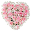 A dense, heart-shaped composition made almost entirely of soft pink roses and a halo of tiny white baby's breath sits against a clean white backdrop, the light catching each velvety petal so the subtle gradations of blush read like a quiet sunrise. Up close the roses range from palest blush at the outer petals to slightly deeper rosy tones towards the centers; some are unfurling in gentle spirals, others remain tucked as satiny buds, producing a tactile rhythm across the heart that invites the hand to linger. Interwoven between them, clouds of gypsophila lend a lace-like air, their minuscule white florets catching highlights and punctuating the pink mass with airy punctuation, so the silhouette of the heart reads clearly and tenderly from every angle.
This arrangement feels made for intimate moments: an understated declaration for Valentine's, an anniversary gesture, or a floral memorial that speaks of tenderness rather than grand spectacle. The bright, even lighting in the photograph emphasises freshness and meticulous placement, while the simplicity of the white background makes the composition feel almost like a keepsake - something you might see resting on a mantel in a small Highgate flat, or presented as a quiet surprise after a walk through Waterlow Park. The mood is warm and reverent, a careful balance of romance and restraint that a neighbourhood florist would craft when the occasion calls for softness and sincerity.