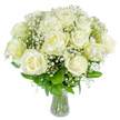 A hand-tied bouquet of pristine white roses opens like tiny moons above a cloud of delicate gypsophila, the tiny white stars that lace through the design. Each rose unfurls in layered spirals, petals soft and creamy with a slight ivory warmth at their cores, and the overall effect reads as calm and ethereal-like a hush over a quiet morning in Highgate. Glossy, forest-green foliage peeks from beneath the blooms, giving the arrangement life and structure while a clear glass vase keeps the composition visually light and airy; the stems are visible and gleam where the light touches the water. I arranged this with a gentle, steady hand so the roses sit at varying heights, creating a pleasing vertical rhythm and a natural, floating silhouette. The scent is subtle: classic rose with an airy, clean note that brings to mind fresh linens and the cool breeze along Highgate High Street. This is a bouquet I picture at a small village wedding near Waterlow Park, on a bedside table in a new Highgate flat, or as a quiet offering to a friend in need of reassurance. The mood is one of dignity and tender comfort rather than dramatic flourish-refined, understated, and enduring. If carried into a room, it softens the light and draws a meditatively calm response; held in the hands, it feels both familiar and carefully considered. Small details-the twinkling gypsophila, the healthy sheen on each leaf, the clean, simple vase-speak of thoughtful craftsmanship and a floral language that says simply: I am here with you, quiet and steady.