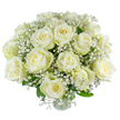 A serene hand-tied bouquet of creamy white roses and filigree gypsophila that feels like a pocket of calm from Highgate Village. Each rose opens into layered, velvety spirals of soft ivory, the innermost petals carrying a faint, warm vanilla undertone that seems almost tangible. Tiny clusters of baby's breath float between the larger blooms like wisps of cloud, their lace-like texture catching the early morning light and creating delicate halos that make the roses read as luminous rather than flat. Slim, cool-green foliage peeks through, grounding the composition with a fresh, herbal counterpoint that keeps the palette crisp and natural. The arrangement is balanced so every bud has space to breathe; stems are trimmed and angled with the same careful attention I use in the Highgate workshop when preparing designs for a quiet ceremony at Waterlow Park or a thoughtful delivery to the lanes around Highgate Cemetery. There is a gentle scent-softly sweet and reassuring-that invites a slow exhale, making this bouquet suited to weddings where vows are intimate, to moments of condolence, or to mark the hush of new beginnings. Texturally, the contrast between the roses' creamy weight and the airy gypsophila encourages a hand to linger, fingers tracing the cool petals and feathery sprays. The overall mood is one of enduring grace: unassertive but resolute, a floral promise that beauty can soothe and steady the passing of any ordinary day into something quietly memorable.