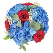 Seen from a direct overhead viewpoint against a clean white backdrop, this circular bouquet reads like a compact celebration of texture and colour. A dense cushion of blue hydrangea heads forms the foundation: each cluster of tiny florets shifts from pale sky-blue at the outer edges to a deeper, almost sapphire tone toward the centre, their papery petals catching the light with a soft, satiny sheen. Nestled into that blue sea are three prominent red roses, their petals tightly furled in classic rosette spirals; the crimson centers draw the eye and add a passionate, formal counterpoint to the hydrangeas' cool serenity. Scattered throughout are delicate sprays of baby's breath-Gypsophila-whose tiny white star-flowers sit like pearls on fine stems, brightening the composition and giving the whole arrangement an airy lift. Muted green eucalyptus leaves, round and slightly silvered, are tucked in among the blooms alongside sharper, greener foliage, offering gentle contrast and visual depth while suggesting a faint, calming scent. The overall dome is tightly packed and sculpted, built for presence: a floral statement that reads as both lush and composed. In Highgate this colourway often accompanies civic remembrances or summer gatherings; it's a refined choice for a centrepiece at a local community event or a commemorative posy for Remembrance Sunday. The image conveys craftsmanship, freshness, and a respectful celebratory tone-flowers selected and placed with steady hands, meant to be seen from above at a table or laid flat as a thoughtful tribute across the familiar streets of Highgate and nearby Hampstead.