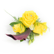 This joyful corsage reads like a little sunbeam you can wear-three buttery yellow roses arranged tightly together against a crisp white backdrop, their velvety spirals opening toward the light. A larger, fully opened rose sits center stage, with two slightly smaller, half-open buds nestling each side, and each bloom bears a tiny clear faceted jewel at its heart that flashes softly with movement. Beneath this golden trio, a single plum-hued calla lily unfurls in a sculptural curve down and to the left, its satiny throat and deep burgundy tone grounding the composition with elegant drama. Airy asparagus fern fronds thread through the arrangement, lending feather-light texture, while broader, glossy dark green leaves form a tidy base and hold the piece together. Creamy white button chrysanthemums are tucked among the roses like small, luminous pupils, and a couple of closed green buds peek from the lower right, whispering of future bloom. Behind the left-most rose a gauzy, almost lace-like white tulle or feathered embellishment adds a delicate halo. The light is soft and even, picked to show the contrast between sunlit yellow and the calla's moody plum without harsh shadows. Smell is implied-gentle rose perfume with a faint green, dewy note from the foliage-evoking summer gatherings or a Highgate celebration near Waterlow Park or the Village. As a florist I imagine this pinned to a lapel or wrist for weddings, proms, or anniversaries-an accessory of confidence and warmth. It's designed to catch both the eye and a gentle breeze, making any moment feel sunnier and more refined.