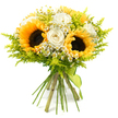 In this photograph, a hand-crafted bouquet of sunflowers, white roses, and delicate fillers stands out vividly against a spotless white background, its colours and textures crisp and defined. Several sunflowers form the focal points, each with a dark, velvety centre rich in seeds and a wide crown of golden-yellow petals that reach outward like small suns above Highgate's rooftops. Tucked between them, white roses provide a softer note, their creamy, ivory-tinged petals layered in refined spirals that suggest calm and tenderness. Scattered with care among the larger blooms, clusters of small, daisy-like white flowers with yellow centres offer a light, almost whimsical detail, like tiny wildflowers gathered from the edges of Waterlow Park. A halo of chartreuse-green foliage surrounds and weaves through the flowers, the feathery stems and fine leaves recalling solidago and other airy fillers, creating volume and a sense of movement without overwhelming the main blooms. All the stems are drawn together into a firm, rounded bunch, neatly trimmed at the base and wrapped in a slim lime-green ribbon that adds a final, polished touch. The bouquet feels sunny yet composed, with its balance of rustic charm and classic floristry making it suitable for many occasions: a joyful birthday surprise delivered to Highgate Village, a thoughtful 'thinking of you' gesture along Archway Road, or a bright centrepiece to enliven a quiet Sunday brunch at home. Every element works together to convey warmth, gratitude, and gentle optimism.