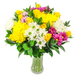 This image shows a vibrant mixed bouquet brimming with colour, arranged in a clear glass vase and set before a pure white background so that every bloom stands out clearly. The bouquet is full, rounded, and dense, with flowers clustered closely together to create a rich, almost domed shape that suggests abundance, as if it had just been gathered from a sunlit garden near Highgate's leafy lanes. The dominant colours are warm, bright yellows and crisp whites, animated by vivid flashes of magenta and fuchsia and softened by pale pink accents. Scattered throughout are large yellow roses, their petals still partly furled yet opening at the edges, and generous, spherical yellow chrysanthemums with multiple layers of tightly ruffled petals that provide a plush, textured surface. Weaving between them, daisy-like white blossoms with lime-green centres add a fresh, informal charm, while fluffy white chrysanthemums echo the rounded forms and contribute to a soft, cloudlike feel. Bold magenta and fuchsia chrysanthemums act as colour highlights, drawing the eye with their depth and saturation, while smaller, lighter pink flowers tuck in between, adding nuance and a gentle romantic note. Deep green foliage with glossy, oval-shaped leaves, likely Ruscus or similar hardy greenery, wraps around and through the bouquet, giving structure and contrast. The glass vase itself has a simple, elegant curve, allowing the viewer to see the straight green stems submerged in clear water, underscoring the sense of freshness and expert floristry from Flowers Highgate. The lighting is bright and even, giving the scene a hopeful, uplifting character. This bouquet feels ideal for birthdays, thank-you gestures, or sending a burst of sunshine to a home near Waterlow Park or the heart of Highgate Village.