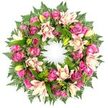 A lush circular wreath designed for funerals and memorials is set against a pure white background, its colours and textures made vivid by the clean, even light. The wreath is opulent and full, a continuous band of blooms and foliage forming an unbroken ring that instantly suggests eternity and enduring love. Dominating the composition are roses in vivid fuchsia and deep magenta hues softened by gentle blush and pastel pinks. Each rose displays its own character: some are tight and neat, with petals hugging close to the centre, while others are broad and open, their layered petals forming ruffled, velvety cups. Interspersed among them are double lilies in tones of creamy white, faintly pink, and soft peach, their generous petals curling outward in multiple layers. A few lilies remain in lime-green bud form, adding freshness and a vertical accent within the rounded design. Encircling the flowers is a rich frame of foliage, with fine, feathery fern fronds creating a soft halo and broad, glossy leaves in different shades of green adding structure and contrast. The result is a wreath that feels both romantic and respectful, ideal for a farewell gathering in Highgate, imagined perhaps resting quietly along the stone paths of Highgate Cemetery or delivered to a local chapel near Archway Road. The pristine white background focuses attention entirely on the flowers and greenery, capturing the care, skill, and tenderness that go into creating a tribute for someone deeply cherished.
