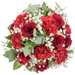 Captured from a slightly elevated, overhead angle, this bouquet forms a neat, domed cluster of red blooms, dramatically framed by a pure white background that magnifies its intensity. The eye is drawn first to the deep red roses, spaced thoughtfully across the arrangement. Their velvety petals spiral tightly inward, creating intricate centres that appear almost black in shadow, conveying depth and a sense of enduring romance. Interlaced with the roses, red carnations add a more exuberant, tactile quality. Their finely serrated, ruffled petals build into soft, rounded heads that swell the bouquet into a lavish, full sphere-just the kind of design that might arrive at a home off North Road or be carried into an intimate gathering in Highgate Village.
Between the strong reds, ethereal sprigs of baby's breath drift like fine mist, each airy cluster made of tiny, star-like white florets. These light flecks provide gentle contrast and help the arrangement feel open and breathable, as if touched by the same softness you find walking through the greenery of nearby Highgate Wood. Slender stems of eucalyptus punctuate the design in muted grey-green, their round, slightly waxy leaves bending gracefully outward. Deeper green foliage underpins the composition, adding structure and a natural frame around the crimson heart of the bouquet.
The overall effect is one of polished luxury and genuine sentiment, a classic blend of red, white, and green that suits anniversaries, romantic surprises, and meaningful thank-yous across Highgate. Every flower and leaf seems carefully considered, reflecting an experienced florist's touch and the quiet elegance of this North London neighbourhood.