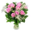 A rounded arrangement of pink roses and baby's breath sits neatly in a clear glass vase, photographed against a clean white background that emphasises its soft colours and graceful shape. The bouquet features approximately ten to twelve pink roses, gathered in a close cluster so their petals almost touch, creating a plush, cushion-like effect. Each rose displays velvety petals that spiral outward from a slightly deeper, warm pink centre to a paler, more delicate blush at the edges. Some of the flowers are fully open, revealing their intricate layers, while others are only starting to unfurl, suggesting a sense of fresh beginnings that harmonises beautifully with the joy of welcoming a baby into a Highgate home. Interspersed among the roses, fine sprays of white baby's breath emerge, their countless miniature blossoms forming soft, cloud-like pockets that lighten the overall appearance and lend an air of purity and gentleness. Deep green rose leaves and a touch of additional greenery frame the blooms, the foliage firm and glossy, providing a strong contrast that makes the pink and white tones stand out, much like the greenery that frames views across Parliament Hill Fields. Inside the simple, straight-sided glass vase, the green stems are visible in clear water, adding a natural, unembellished look that highlights the flowers themselves rather than any decorative extras. The lighting is bright yet diffused, bringing out the velvety texture of the petals and the fine structure of the baby's breath without casting strong shadows. The overall mood is calm, loving, and quietly celebratory-a versatile bouquet suited to baby showers, first visits, or simply sending a heartfelt message to loved ones in and around Highgate.