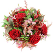 Viewed from overhead, this lush bouquet fills the image with a rounded, abundant cluster of blooms and foliage, floating against a bright white ground that lets each colour sing. Dominating the design are deep crimson red roses, their velvety petals unfolding in elegant spirals; some are fully open and dramatic, while others are slightly cupped, hinting at blooms still to come and lending the bouquet a sense of living movement. Woven between these romantic focal flowers are clusters of pale pink waxflowers, tiny star-shaped blossoms with subtle yellow centres that provide a soft, delicate counterpoint and create intricate detail when seen up close. The arrangement is supported by an array of greenery, from strong, dark emerald leaves to finer, more graceful sprigs, building a sense of lushness that feels freshly arranged by a Highgate florist with an eye for natural balance. Interspersed among the greens are distinctive bronze and burgundy leaves, some etched with red-brown veins, bringing a sophisticated, slightly autumnal flavour reminiscent of the changing colours around Highgate Wood and nearby gardens. Nestled deeper within the bouquet are smaller, dark red flowers akin to alstroemeria, adding texture and reinforcing the rich crimson palette. At the bottom edge, just visible beneath the flowers, a red and white patterned tag or ribbon suggests that this bouquet is prepared for gifting-a romantic surprise for an anniversary dinner on Archway Road or a thoughtful gesture for a home near Highgate Cemetery. Soft, even lighting highlights every petal and leaf, and the overall mood is one of passion, elegance, and carefully considered luxury, suited to special occasions and refined North London celebrations.