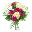 A carefully hand-tied bouquet is photographed against a bright white background, its rounded shape and clear detailing showing the skill of a local Highgate florist. At the centre, several large creamy white roses are in full bloom, their petals curling outward in soft spirals that create a sense of calm, romantic refinement. Surrounding them, clusters of white spray chrysanthemums with narrow, delicate petals and subtle green centres add a layer of lightness, like small, cheerful bursts of daylight threaded through the design. Interspersed between these pale flowers are deep magenta and fuchsia spray chrysanthemums, their richly coloured petals densely packed into compact heads that provide striking contrast and a lively modern edge. The colour combination-cream, white, and vivid pink-feels both celebratory and reassuring, reminiscent of blossoms you might spot in front gardens off Highgate West Hill in early summer. Framing the blooms is an abundance of dark green foliage, likely Ruscus or Salal, with smooth, glossy leaves that taper gently and curve around the flowers, giving the bouquet a polished, almost sculpted silhouette. The stems are neatly aligned and tied together at the bottom, poised to slip straight into a vase on a Highgate mantelpiece or dining table. The mood this arrangement conveys is joyful yet composed, suitable for birthdays, anniversaries, or sending warm wishes to someone recovering at home nearby. It suggests a thoughtful gesture-a way to bring the fresh, uplifting feel of a local Highgate garden indoors, with every petal and leaf placed to highlight both beauty and balance.